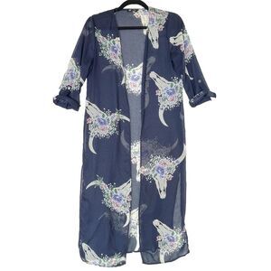 Vision Women's Kimono Size S Floral Cow Skull Sheer Boho Western Coastal Cowgirl